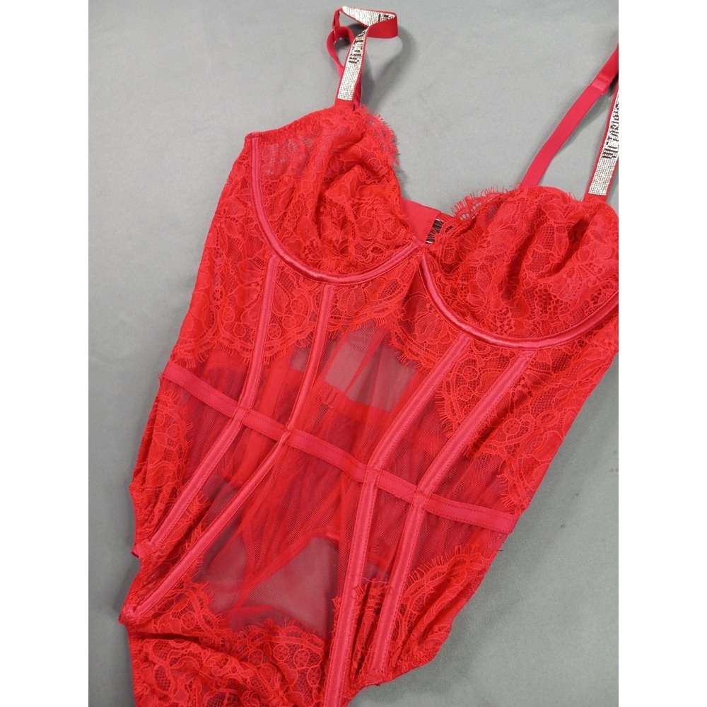 Victorias Secret Very Sexy Red Lace Shine Strap Rhinerstone Teddy Bodysuit L